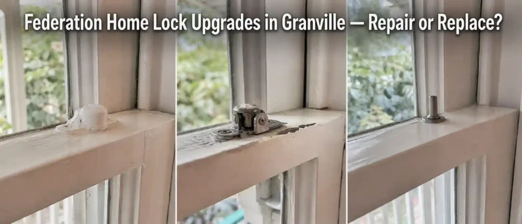 Three sash window lock conditions in a Granville Federation home: a paint-covered latch, a worn pivot latch, and an installed sash stop pin.