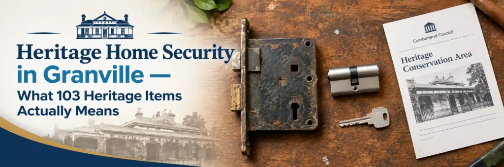 Heritage home security in Granville featuring an aged mortice lock, modern cylinder lock, restricted key, and Cumberland Council heritage conservation notice.