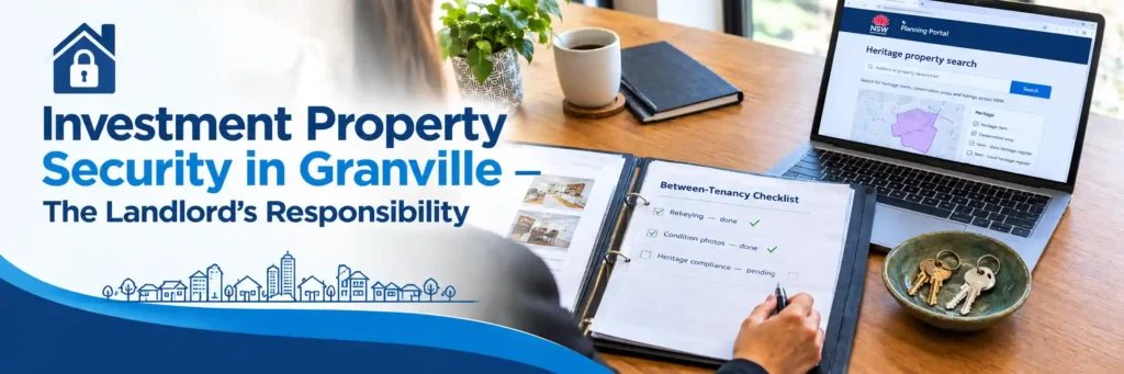 Investment property security in Granville showing a landlord’s between-tenancy checklist, property keys, and NSW heritage property search.