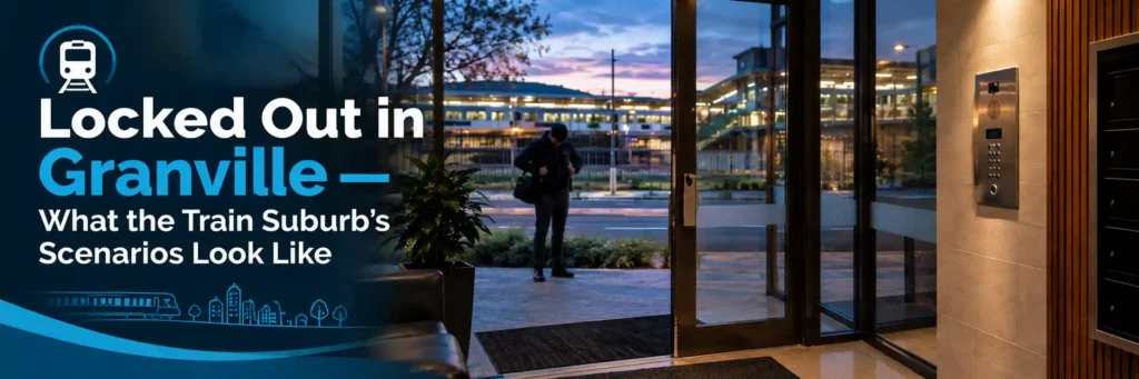 Commuter checking jacket pockets outside a Granville apartment lobby at dusk, with a glass entrance door and intercom panel visible.