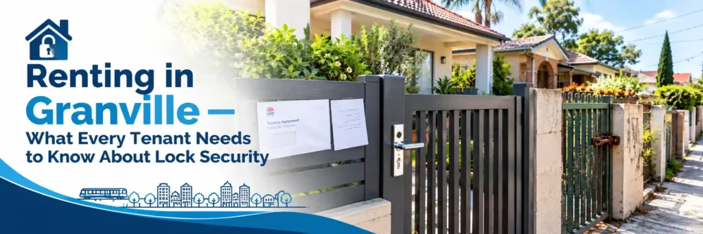 Granville rental home with a newly installed keyed gate lock, NSW tenancy documents, and an older gate latch on the neighbouring property.